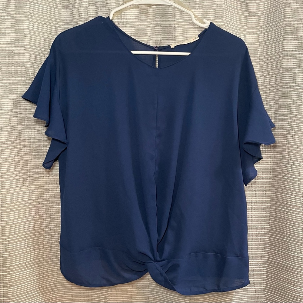 Royal blue blouse with keyhole back and ruffle sleeves